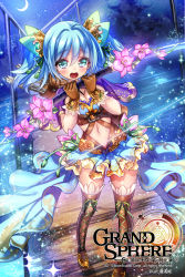 Rule 34 | 1girl, arrow (projectile), belt, bikini, bikini top only, bloomers, blue eyes, blue hair, boots, bow (weapon), breasts, bridge, character request, cleavage, copyright name, flower, gloves, grand sphere, long hair, matching hair/eyes, miniskirt, navel, night, open mouth, outdoors, quiver, ribbon, skirt, solo, swimsuit, tears, thigh boots, thighhighs, twintails, underwear, waist cape, water, weapon, wind, wind lift, yuasa akira, zettai ryouiki