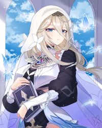 Rule 34 | 1girl, aponia (honkai impact), blonde hair, blue eyes, book, breasts, butterfly wings, cloud, cloudy sky, commentary request, costume request, daoyu22230291, habit, highres, holding, holding book, honkai (series), honkai impact 3rd, insect wings, large breasts, light brown hair, long sleeves, nun, sky, solo, upper body, white headwear, wings