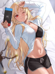 Rule 34 | 1girl, absurdres, black bra, black shorts, blonde hair, blush, bra, breasts, cleavage, collarbone, dark-skinned female, dark elf, dark skin, elf, highres, hololive, large breasts, long hair, long sleeves, looking at viewer, lying, monokawa (iurl1z), multicolored hair, navel, nintendo switch, on back, one eye closed, open clothes, open shirt, pointy ears, red eyes, shiranui flare, shirt, shorts, smile, solo, streaked hair, thighs, underwear, virtual youtuber, white hair, white shirt