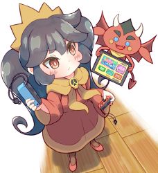 Rule 34 | 1boy, 1girl, ashley (warioware), black hair, blue eyes, blush, blush stickers, closed mouth, controller, demon horns, demon tail, demon wings, dress, eyebrows, fang, from above, full body, hairband, highres, holding, holding controller, horns, joy-con, long hair, long sleeves, matchamassa, nintendo, nintendo switch, open mouth, orange hairband, orange neckwear, playing games, red dress, red eyes, red footwear, sidelocks, simple background, smile, standing, tail, thick eyebrows, twintails, video game, warioware, white background, wide sleeves, wings, wooden floor