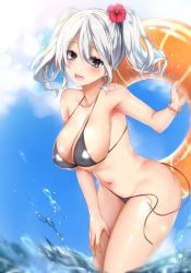 Rule 34 | 10s, 1girl, absurdres, bikini, black bikini, blue sky, breasts, cleavage, cloud, cloudy sky, commentary request, covered erect nipples, day, flower, grey eyes, hair between eyes, hair flower, hair ornament, hibiscus, highres, kantai collection, kashima (kancolle), large breasts, leaning forward, navel, open mouth, outdoors, sakiryo kanna, side-tie bikini bottom, silver hair, sky, solo, swimsuit, twintails, untied bikini, wading, water drop, wet