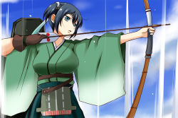 Rule 34 | 10s, 1girl, archery, arrow (projectile), blue eyes, blue hair, bow (weapon), breasts, brown gloves, drawing bow, flight deck, gloves, hachimaki, headband, holding bow (weapon), kantai collection, kyuudou, matching hair/eyes, nishi koutarou, open mouth, short hair, single glove, skirt, solo, souryuu (kancolle), weapon, wide sleeves