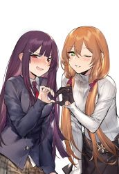 Rule 34 | 2girls, :d, black gloves, blush, breasts, brown hair, duoyuanjun, girls&#039; frontline, gloves, green eyes, hair ornament, hairclip, heart, heart hands, heart hands duo, highres, long hair, looking at viewer, springfield (girls&#039; frontline), multiple girls, necktie, one eye closed, open mouth, purple hair, red eyes, school uniform, simple background, skirt, smile, twintails, wa2000 (girls&#039; frontline), white background