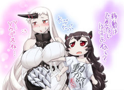 Rule 34 | 10s, 2girls, abyssal ship, alternate costume, black hair, blush, grabbing another&#039;s breast, chestnut mouth, claws, clothes writing, colored skin, detached sleeves, grabbing, hase yu, horns, isolated island oni, kantai collection, long hair, multiple girls, red eyes, seaport princess, shirt, single horn, sweat, t-shirt, translation request, white hair, white skin