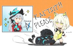 Rule 34 | 1other, 2girls, ambiguous gender, animal ear fluff, animal ears, aqua gloves, aqua headwear, arknights, bare shoulders, black jacket, cat ears, cat girl, closed mouth, crying, detached sleeves, doctor (arknights), dress, english text, full body, gloves, green dress, green eyes, grey hair, hair between eyes, hat, highres, hood, hood up, hooded jacket, jacket, kal&#039;tsit (arknights), long hair, long sleeves, medium hair, multiple girls, natsuki (2917), off-shoulder dress, off shoulder, official alternate costume, open mouth, red dress, red eyes, skadi (arknights), skadi the corrupting heart (arknights), standing, star (symbol)