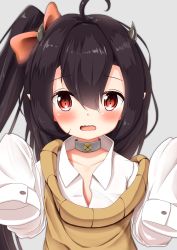 Rule 34 | 1girl, aged down, ahoge, azur lane, black hair, blush, bow, collar, grey background, hair between eyes, hair bow, highres, horns, isuzu (azur lane), long hair, long sleeves, looking at viewer, mochiyuki, one side up, open mouth, oversized clothes, pointy ears, red eyes, simple background, sleeves past wrists, solo, wavy mouth