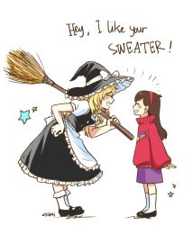 Rule 34 | 2girls, apron, bent over, black dress, bow, braces, braid, broom, brown hair, carrying over shoulder, crossover, dress, english text, closed eyes, frilled dress, frills, full body, gravity falls, hair ribbon, hairband, hand on own hip, hat, hat bow, kirisame marisa, kuroha ai, long hair, mabel pines, multiple girls, open mouth, profile, puffy short sleeves, puffy sleeves, purple skirt, ribbon, short sleeves, side braid, simple background, single braid, skirt, star (symbol), sweater, touhou, turtleneck, turtleneck sweater, waist apron, white background, witch hat, writing
