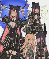 Rule 34 | 2girls, :d, ahoge, arm up, artist name, black bow, black hair, black thighhighs, blonde hair, blue background, blunt bangs, blush, bottle, bow, breasts, buttons, cleavage, clothing request, collarbone, cowboy shot, criis-chan, dress, eye contact, fishnet thighhighs, fishnets, frilled skirt, frills, garter straps, grey eyes, hair between eyes, hair bow, holding, holding hands, holding umbrella, large breasts, long hair, looking at another, multicolored hair, multiple girls, nail polish, open mouth, panties, panty &amp; stocking with garterbelt, panty (psg), pink hair, puffy short sleeves, puffy sleeves, short sleeves, siblings, sisters, skeletal arm, skirt, smile, stitches, stocking (psg), striped clothes, striped dress, teeth, thighhighs, tongue, two-tone hair, umbrella, underwear, upper teeth only, white background