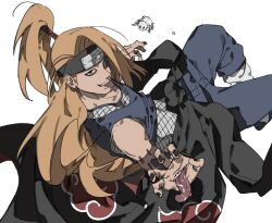 1boy akatsuki_uniform black_cloak black_nails blonde_hair blue_pants cloak deidara_(naruto) dong2taku forehead_protector iwagakure_symbol long_hair male_focus naruto_(series) naruto_shippuuden pants simple_background stitches tongue tongue_out white_background