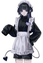 Rule 34 | absurdres, apron, black shorts, black track suit, colored inner hair, demon tail, dyed bangs, goth fashion, highres, iqywo, jersey maid, maid, maid apron, maid headdress, multicolored hair, name tag, open mouth, original, pale skin, purple eyes, purple hair, short twintails, shorts, tail, thick eyelashes, thighs, twintails, unconventional maid