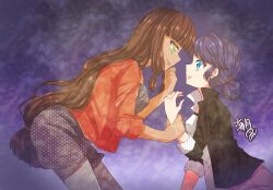 Rule 34 | 2girls, black jacket, blazer, blue background, blue eyes, blue hair, brown hair, closed mouth, dress, green eyes, highres, holding hands, jacket, lila rossi, long hair, looking at another, marinette dupain-cheng, miraculous ladybug, multiple girls, open clothes, open jacket, orange jacket, shirt, short twintails, smile, tan, twintails, umtk mrmr, white shirt