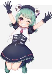 Rule 34 | 1girl, arms up, beret, black dress, black gloves, black hat, black socks, blush, commentary, dress, earrings, full body, gloves, green footwear, green hair, grey background, grin, hat, hat ornament, jewelry, kneehighs, koga rejini, loafers, long hair, multicolored hair, o/, one eye closed, outstretched arms, pink hair, puffy short sleeves, puffy sleeves, purple eyes, saeki yahiro, shoes, short sleeves, skull hat ornament, smile, socks, solo, streaked hair, two-tone background, virtual youtuber, white background, yahiro no oheya