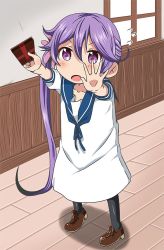 Rule 34 | 1girl, akebono (kancolle), blush stickers, box, comic, commentary request, flower, flying sweatdrops, gift, gift box, hair between eyes, hair flower, hair ornament, hands up, holding, holding gift, kantai collection, long hair, open mouth, outstretched arms, oversized clothes, pantyhose, purple eyes, purple hair, sailor collar, sailor shirt, shadow, shino (ponjiyuusu), shirt, shoes, short sleeves, side ponytail, solo, standing, window, wooden floor, aged down