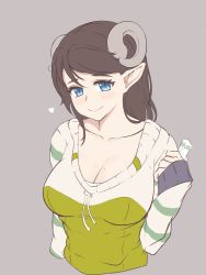 Rule 34 | 1girl, blue eyes, breasts, cleavage, collarbone, folait, highres, holding, horns, large breasts, long sleeves, mole, mole on breast, original, pointy ears, slit pupils, smile, sweater, tank top, white tank top
