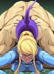 Rule 34 | 1boy, 1girl, blonde hair, blush, bodysuit, breasts, clenched teeth, clothed female nude male, cosplay, doggystyle, fat, fat man, forced, greco roman (spiral brain), green eyes, head out of frame, hetero, highres, large breasts, long hair, metroid, monster, nintendo, nude, pikmin (cosplay), pikmin (series), pikmin 2, pikmin 3, ponytail, purple pikmin (cosplay), rape, samus aran, sex, sex from behind, sweat, teeth, zero suit