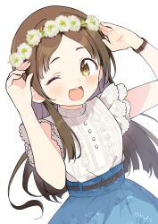 1girl arms_up belt blue_skirt blurry blush brown_belt brown_hair depth_of_field dot_nose floral_print flower flower_wreath gakuen_idolmaster green_flower highres idolmaster kuramoto_china lace lace-trimmed_shirt lace_trim long_hair looking_at_viewer monon_tulle one_eye_closed open_mouth parted_bangs print_skirt shirt simple_background skirt sleeveless sleeveless_shirt smile solo teeth upper_body upper_teeth_only watch white_background white_shirt wristwatch yellow_eyes