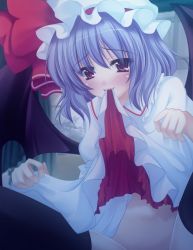 Rule 34 | 1girl, bad id, bad pixiv id, bat wings, black thighhighs, blue hair, blush, bottomless, clothes in mouth, clothes lift, female focus, hat, hat ribbon, looking at viewer, mouth hold, onsen tamago (nurumayu onsen), out-of-frame censoring, out of frame, purple eyes, red eyes, remilia scarlet, ribbon, shirt lift, short hair, sitting, skirt, skirt in mouth, skirt lift, smile, solo, spread legs, thighhighs, touhou, wings