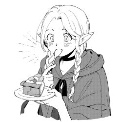 Rule 34 | 1girl, blush, braid, capelet, choker, commentary, dungeon meshi, eating, elf, ello (partynight), food, greyscale, hair around ear, hair over shoulder, hands up, happy, highres, holding, holding plate, holding spoon, hood, hood down, hooded capelet, korean commentary, long hair, looking ahead, marcille donato, monochrome, parted bangs, plate, pointy ears, simple background, solo, spoon, tart (food), tart slice, twin braids, twintails, upper body