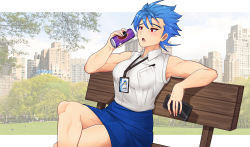 Rule 34 | 1girl, blue hair, blue skirt, breasts, can, cellphone, collared shirt, decepticon, dreadwing, formasikurakura, genderswap, genderswap (mtf), hair behind ear, highres, holding, holding can, holding phone, crossed legs, medium breasts, muscular, muscular female, new york, office lady, open mouth, personification, phone, photo background, red eyes, shirt, shirt tucked in, short hair, sitting, skirt, sleeveless, sleeveless shirt, smartphone, solo, transformers, transformers prime