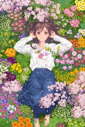 Rule 34 | 1girl, barefoot, blue skirt, blurry, brown eyes, brown hair, bud, cherry blossoms, day, depth of field, dress shirt, feet out of frame, field, flower, flower field, flower request, forget-me-not (flower), from above, grass, hands up, highres, knees up, long hair, long sleeves, looking at viewer, lying, minami (minami373916), morning glory, nature, on back, on ground, orange flower, original, parted lips, petals, pink flower, pink tulip, plant, purple flower, red flower, shirt, skirt, smile, tulip, white flower, white shirt, yellow flower