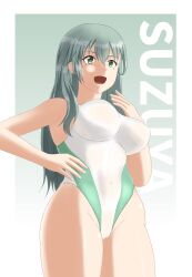 Rule 34 | 1girl, aqua eyes, aqua hair, blush, breasts, cameltoe, character name, chousokabe k, competition swimsuit, cowboy shot, gradient background, green background, green one-piece swimsuit, highres, kantai collection, large breasts, long hair, looking at viewer, one-piece swimsuit, open mouth, smile, solo, suzuya (kancolle), swimsuit, white background, white one-piece swimsuit