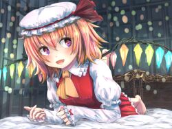 Rule 34 | 1girl, adapted costume, ascot, bed, bed sheet, bedroom, blonde hair, breasts, fang, flandre scarlet, frilled sleeves, frills, glowing, glowing wings, hair between eyes, hat, hat ribbon, highres, indoors, juliet sleeves, long sleeves, looking at viewer, lying, mame (mame3737), medium hair, mob cap, multicolored wings, on bed, on stomach, open mouth, puffy sleeves, purple eyes, red ribbon, red skirt, red vest, ribbon, shirt, skirt, sleeves past wrists, small breasts, solo, touhou, vest, white hat, white shirt, wings, yellow ascot
