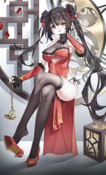 Rule 34 | 1girl, absurdres, alternate costume, asymmetrical hair, bare shoulders, black hair, black thighhighs, breasts, china dress, chinese clothes, chinese commentary, crossed legs, date a live, detached sleeves, double bun, dress, falling petals, frills, full body, hair bun, hair ribbon, heterochromia, high heels, highres, holding, holding pocket watch, hundun no bifang, large breasts, long hair, looking at viewer, parted lips, pelvic curtain, petals, pocket watch, red dress, red eyes, red footwear, red ribbon, ribbon, shoe dangle, side slit, sitting, skindentation, smile, solo, taut clothes, taut dress, thighhighs, thighs, tokisaki kurumi, twintails, v-shaped eyebrows, very long hair, watch, yellow eyes