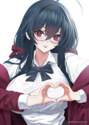 Rule 34 | 1girl, absurdres, ahoge, artist name, azur lane, black bow, black bowtie, black hair, bow, bowtie, bra, bra visible through clothes, breasts, crossed bangs, glasses, hair ribbon, heart, heart-shaped boob challenge, heart hands, highres, huge breasts, jacket, lace, lace-trimmed bra, lace trim, lipstick, long hair, makeup, off shoulder, official alternate costume, porko, red eyes, red jacket, ribbon, see-through, see-through shirt, shirt, taihou (azur lane), taihou (sweet time after school) (azur lane), underwear, upper body, white background, white shirt