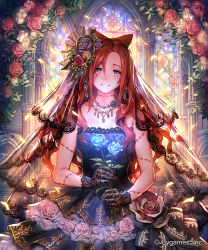 Rule 34 | 10s, 1girl, bare shoulders, black dress, blue flower, blue rose, bride, brown hair, ceres (shingeki no bahamut), company name, dress, earrings, flower, glint, gloves, hair flower, hair ornament, head tilt, highres, holding, holding flower, jewelry, lace, lace gloves, looking at viewer, necklace, official art, okada manabi, parted lips, purple eyes, red flower, red rose, rose, scar, scar on face, shingeki no bahamut, shirt, sleeveless, sleeveless shirt, smile, solo, stained glass, watermark, wedding dress