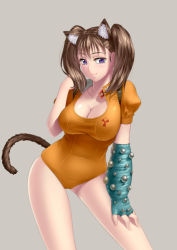 Rule 34 | 10s, 1girl, :t, adjusting hair, animal ears, arm support, blue gloves, blush, bodysuit, breasts, brown hair, buckle, cat ears, cat tail, cleavage, closed mouth, collarbone, contrapposto, covered navel, cowboy shot, diane (nanatsu no taizai), elbow gloves, emblem, extra ears, fingerless gloves, gloves, grey background, grey hair, hand on own thigh, hand up, happy, harness, high collar, hip focus, kai (link2262), kemonomimi mode, large breasts, leaning, legs apart, leotard, light smile, long hair, looking at viewer, nanatsu no taizai, navel, puffy short sleeves, puffy sleeves, purple eyes, short hair, short sleeves, short twintails, simple background, single elbow glove, skindentation, smile, solo, standing, tail, taut clothes, twintails