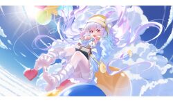 Rule 34 | 1girl, animal ear fluff, animal ears, bag, balloon, blue sky, box, cat ears, cat girl, clenched hand, cloud, cloudy sky, day, dress, fang, floating, gift, gift box, handbag, heart balloon, highres, long hair, long sleeves, looking at viewer, multicolored hair, no shoes, open mouth, original, outdoors, pantyhose, paw pose, pink hair, sitting, skin fang, sky, smile, soles, solo, sun, toes, white hair, white pantyhose, xintianou