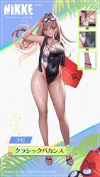 Rule 34 | 1girl, animated, armpits, arms behind head, black one-piece swimsuit, blush, bouncing breasts, breasts, cleavage, competition swimsuit, covered navel, curvy, full body, goddess of victory: nikke, highleg, highleg swimsuit, highres, large breasts, light brown hair, long hair, multicolored clothes, multicolored swimsuit, official alternate costume, official art, one-piece swimsuit, orange eyes, rapi (classic vacation) (nikke), rapi (nikke), shiny skin, solo, sound, standing, swimsuit, thighs, tiptoes, very long hair, video, white one-piece swimsuit, wide hips