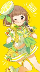 Rule 34 | 1girl, 2021, badge, blunt bangs, blush, bow, breasts, brown eyes, brown hair, character name, choker, cowboy shot, crop top, cropped jacket, cropped shirt, dot nose, food, fruit, green bow, green choker, green neckerchief, green ribbon, hair ribbon, happy birthday, hat, highres, holding, holding food, holding fruit, holding microphone, idolmaster, idolmaster cinderella girls, idolmaster cinderella girls starlight stage, jacket, kitami yuzu, leg up, looking at viewer, medium breasts, microphone, midriff, navel, neckerchief, one eye closed, plaid, plaid footwear, plaid jacket, plaid shorts, plaid wrist cuffs, ribbon, shirt, shoes, short hair, short sleeves, shorts, signature, simple background, smile, solo, standing, standing on one leg, takeda larissa tago, thigh strap, tongue, tongue out, waist bow, white shirt, wrist cuffs, yellow background, yellow footwear, yellow jacket, yellow nails, yellow shorts, yellow wrist cuffs, yuzu (fruit)