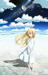 Rule 34 | 10s, 1girl, 2012, absurdres, blonde hair, blue eyes, blue sky, crack, dated, day, dress, highres, kama iruka, long hair, looking at viewer, moon, multiple girls, original, outdoors, ripples, shadow, signature, sky, solo, space, wading, white dress