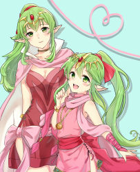 Rule 34 | 2girls, :d, age difference, aqua background, arm behind back, bare shoulders, blush, bracelet, breasts, bridal gauntlets, cape, cleavage, closed mouth, dress, dual persona, female focus, fire emblem, fire emblem: mystery of the emblem, fire emblem awakening, gem, green eyes, green hair, hair between eyes, hair ribbon, hand up, happy, haru (nakajou-28), head tilt, headpiece, heart, jewelry, long hair, looking at viewer, medium breasts, multiple girls, neck, neck ring, nintendo, open mouth, pendant, pink cape, pink dress, pink scarf, pointy ears, ponytail, red dress, red gemstone, red ribbon, ribbon, round teeth, scarf, short dress, side slit, sidelocks, simple background, smile, standing, teeth, tiki (adult) (fire emblem), tiki (fire emblem), tiki (young) (fire emblem), time paradox, upper teeth only