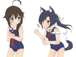Rule 34 | 2girls, absurdres, ahoge, animal ear fluff, animal ears, azur lane, bad id, bad pixiv id, black hair, blue eyes, blue one-piece swimsuit, blush, braid, breasts, commentary request, cowboy shot, crossover, dog ears, dog tail, fingernails, flat color, from side, hair between eyes, hair flaps, hair ornament, half-closed eyes, highres, historical name connection, huge ahoge, kantai collection, long hair, multiple girls, name connection, ninini60394014, one-piece swimsuit, parted bangs, red eyes, school swimsuit, shigure (azur lane), shigure (kancolle), side braid, simple background, single braid, sparkle, sweatdrop, swimsuit, tail, v-shaped eyebrows, white background, wolf ears, wolf tail
