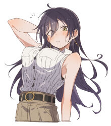 Rule 34 | 1girl, arm up, armpits, bare shoulders, belt, black belt, black hair, blush, breast pocket, breasts, brown pants, closed mouth, collared shirt, commentary, cropped torso, earrings, eitopondo, hair between eyes, idolmaster, idolmaster shiny colors, jewelry, large breasts, long hair, looking at viewer, pants, pinstripe pattern, pinstripe shirt, pocket, shirase sakuya, shirt, shirt tucked in, simple background, sleeveless, sleeveless shirt, split mouth, striped, upper body, white background, white shirt, yellow eyes