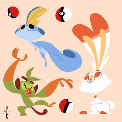 Rule 34 | abstract, closed eyes, closed mouth, creatures (company), fins, game freak, gen 8 pokemon, grookey, highres, leaf, looking at another, lorenzocolangeli, nintendo, open mouth, poke ball, pokemon, pokemon (creature), scorbunny, signature, simple background, sobble, standing, starter pokemon trio, swimming, tail, teeth