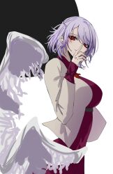 Rule 34 | 1girl, braid, breasts, closed mouth, commentary request, covered mouth, french braid, grey hair, grey jacket, hat iue, highres, jacket, kishin sagume, large breasts, long sleeves, looking at viewer, red eyes, short hair, single wing, solo, touhou, wings