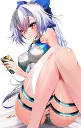 Rule 34 | 1girl, ass, bare shoulders, blue bow, blue one-piece swimsuit, bow, breasts, cellphone, competition swimsuit, fate/grand order, fate (series), hair between eyes, hair bow, highleg, highleg swimsuit, highres, knees up, large breasts, long hair, looking at viewer, one-piece swimsuit, phone, ponytail, red eyes, silver hair, sitting, smile, solo, swimsuit, thigh strap, thighs, tomoe gozen (fate), tomoe gozen (swimsuit saber) (fate), tomoe gozen (swimsuit saber) (first ascension) (fate), two-tone swimsuit, wet, white one-piece swimsuit, yahoo0124
