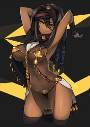 Rule 34 | 1girl, armpits, arms up, bandaged arm, bandages, black hair, black thighhighs, breasts, cropped legs, dark-skinned female, dark skin, jewelry, kaida michi, large breasts, long hair, looking at viewer, navel, original, see-through, simple background, smile, solo, thighhighs, thong, yellow eyes