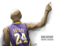 Rule 34 | 1978, 1boy, 2020, bald, basketball uniform, bracelet, character name, commentary request, dark skin, dark-skinned male, elbow pads, english text, examheart, from behind, jewelry, kobe bryant, los angeles lakers, male focus, national basketball association, pointing, real life, short sleeves, signature, solo, sportswear, upper body
