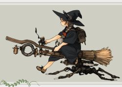 Rule 34 | 1girl, akai sashimi, backpack, bag, braid, broom, broom riding, brown hair, grey background, hat, horns, lantern, long hair, original, profile, simple background, single braid, solo, steampunk, witch, witch hat