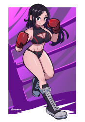 Rule 34 | 1girl, amazu (kurozu), bare shoulders, black buruma, black eyes, black footwear, black hair, boots, boxing gloves, breasts, buruma, cleavage, cleavage cutout, closed mouth, clothing cutout, collarbone, commentary, commission, covered collarbone, cross-laced footwear, english commentary, floating hair, full body, green pupils, groin, highres, knee boots, lace-up boots, large breasts, long hair, looking at viewer, navel, original, signature, smile, solo, standing, standing on one leg, very long hair