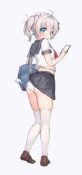 Rule 34 | 1girl, ?, absurdres, accidental exposure, ahoge, ass, bag, blue eyes, blue skirt, blush, brown footwear, cellphone, clothes lift, from behind, full body, grey background, highres, kneepits, legs, long hair, looking back, original, panties, phone, school uniform, serafuku, shirt, shoes, short sleeves, silver hair, simple background, skindentation, skirt, skirt caught on object, skirt lift, smartphone, solo, sosai salada, thighhighs, thighs, twintails, underwear, wardrobe malfunction, white panties, white shirt, white thighhighs