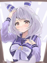 Rule 34 | 1girl, absurdres, animal ears, blush, bow, brown eyes, closed mouth, commentary request, ear covers, ear ornament, grey hair, highres, hishi miracle (umamusume), horse ears, horse girl, long sleeves, looking at viewer, medium hair, mirror, purple shirt, reflection, sailor collar, school uniform, shirt, solo, tracen school uniform, tsurubami (gaad5227), umamusume, upper body, white bow, winter uniform