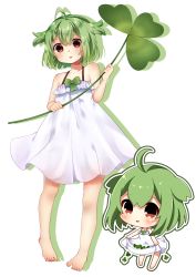 Rule 34 | 1girl, ahoge, bad id, bad pixiv id, bare arms, bare shoulders, barefoot, blush, brown eyes, chibi, clover, collarbone, commentary request, dress, full body, green hair, hair between eyes, hair flaps, highres, multiple views, nekonomimi, original, oversized object, parted lips, shadow, short hair, skirt basket, smile, sundress, white background, white dress
