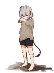 Rule 34 | 1girl, arknights, barefoot, black shorts, blood, blood on feet, blood on hands, brown shirt, closed mouth, commentary request, full body, grey hair, hair between eyes, hand up, highres, long sleeves, pe3075, red eyes, shirt, shorts, simple background, solo, standing, tail, w (arknights), white background, wide sleeves