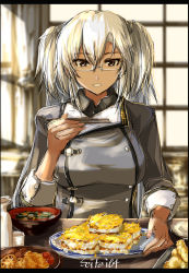 Rule 34 | 1girl, border, breasts, dark-skinned female, dark skin, food, food focus, highres, kantai collection, long sleeves, looking at viewer, meal, medium breasts, military, military uniform, musashi (kancolle), musashi kai ni (kancolle), seitei (04seitei), short hair, sketch, solo, twintails, uniform, upper body, white hair