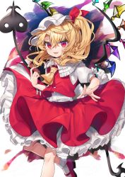 Rule 34 | 1girl, abstract background, arms up, ascot, blonde hair, bobby socks, commentary request, eyelashes, fangs, flandre scarlet, foot out of frame, frilled shirt collar, frills, gunjou row, hair between eyes, hat, hat ribbon, highres, holding, holding weapon, laevatein, looking at viewer, mary janes, mob cap, one side up, parted lips, partial commentary, petticoat, pointy ears, puffy short sleeves, puffy sleeves, red eyes, red footwear, red skirt, red vest, ribbon, shirt, shoes, short hair, short sleeves, skirt, slit pupils, socks, solo, standing, standing on one leg, touhou, vest, wavy hair, weapon, white background, white hat, white shirt, white socks, wings, yellow ascot